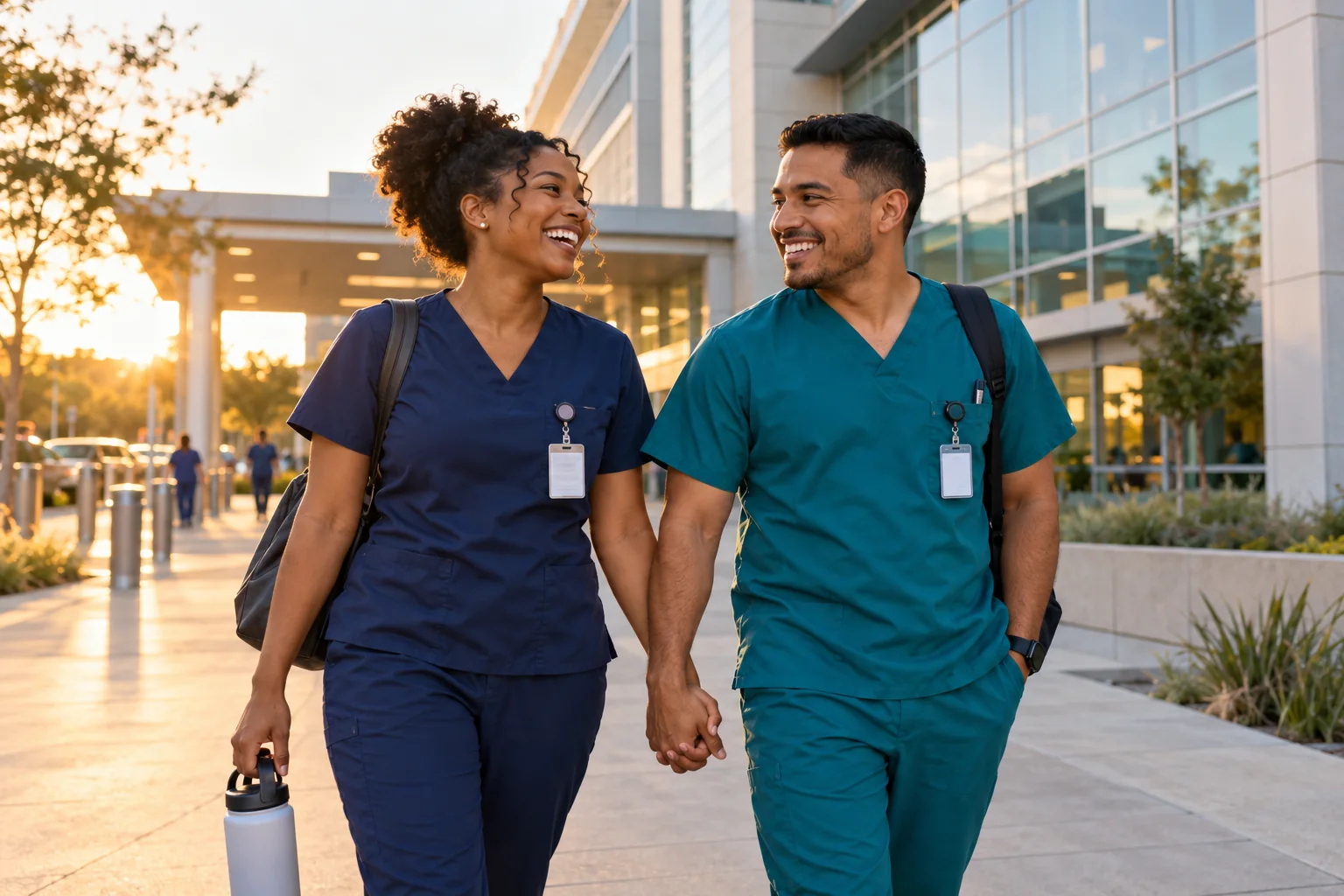 Illustrative image of a healthcare couple in scrubs sharing a smile outside a hospital after their shift