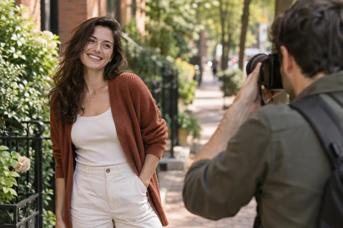 Illustrative outdoor portrait session: a casually dressed woman smiles for a photographer on a leafy city walkway.